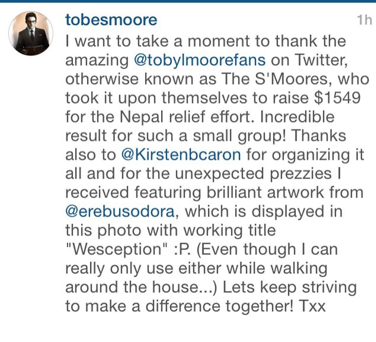 Toby's instagram post